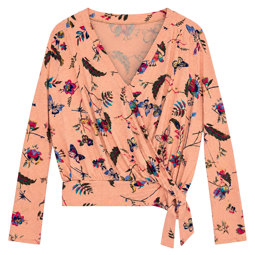 Abercrombie & Fitch Tie Wrap Long Sleeve Blouse Size L Pink Floral Butterfly Y2K 1