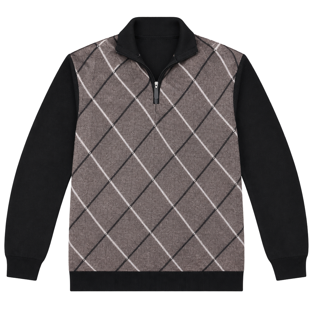 Studio by Omega Argyle Quarter-Zip Sweater Size L Brown Black Mock Neck 1
