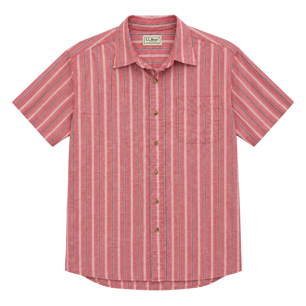 LL Bean Short Sleeve Button Down Shirt Size L-Reg Pink Striped Cotton 1