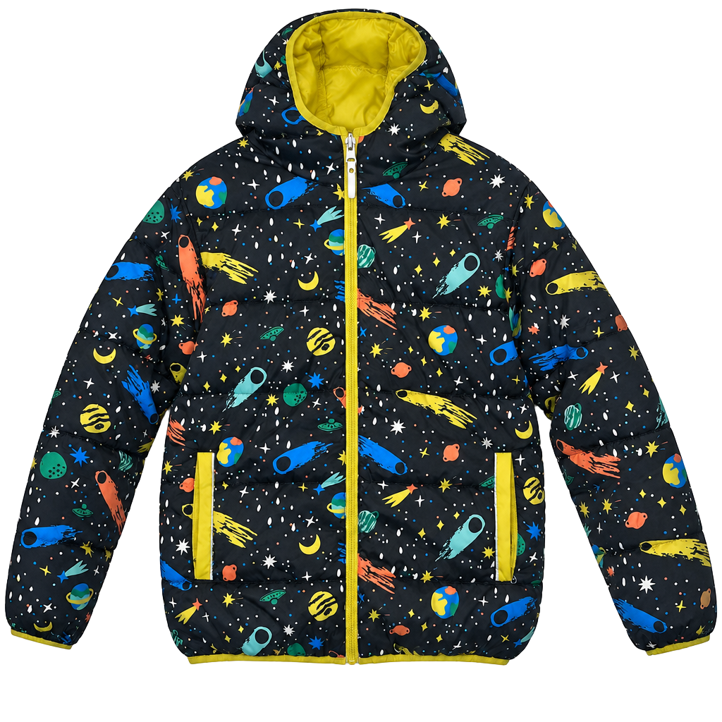 Hanna Andersson Reversible Puffer Jacket Size 12 Space Print Yellow 1