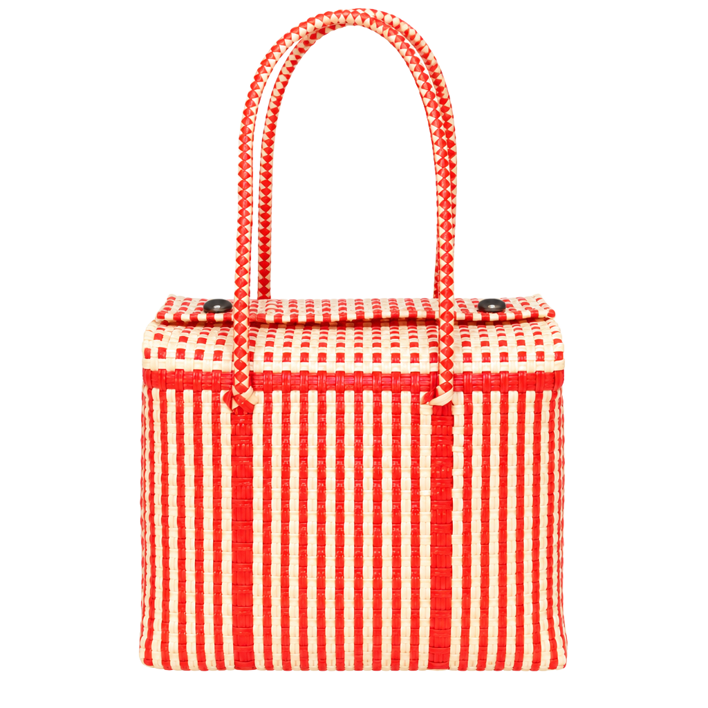Vintage Woven Plastic Basket Tote Bag Orange White 1