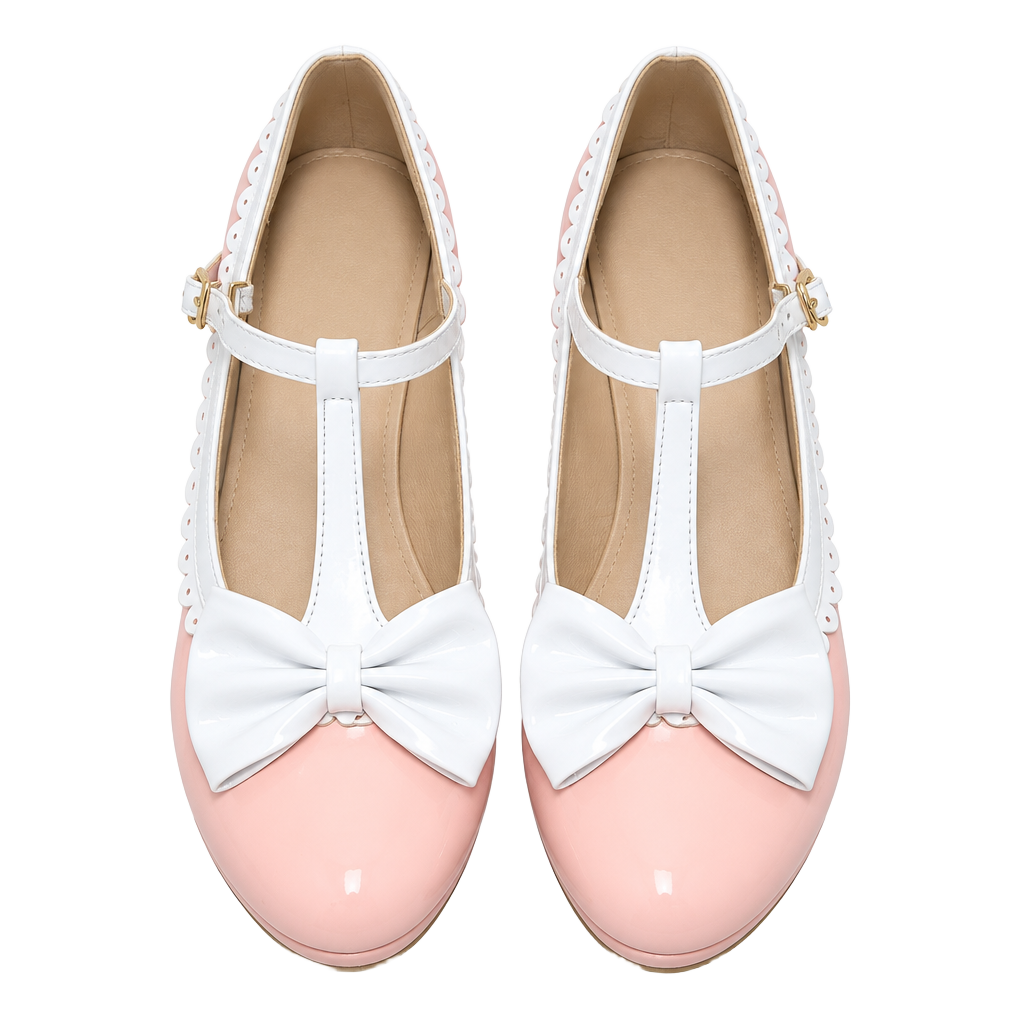 Pink And White Bow T-Strap Mary Jane Heels 1