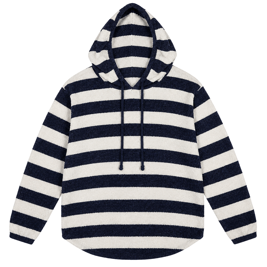 Style Me Hooded Sweater Size L Blue White Striped Chenille Pullover 1