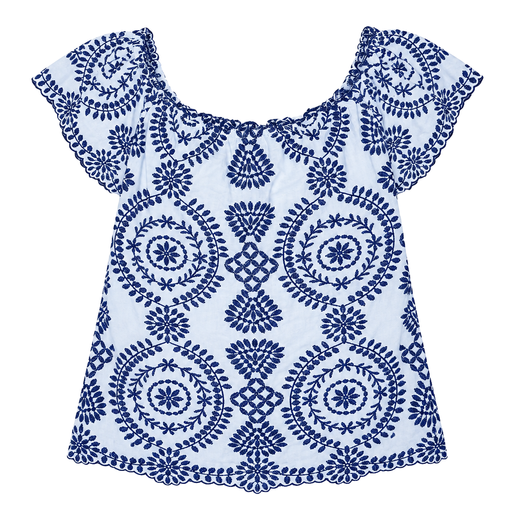 Adiva Embroidered Blouse Size XL White Blue Square Neck Short Sleeve Top 1