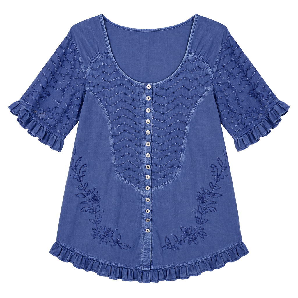 Roaman's Button Front Tunic Size 26W Blue Embroidered Boho Blouse 1