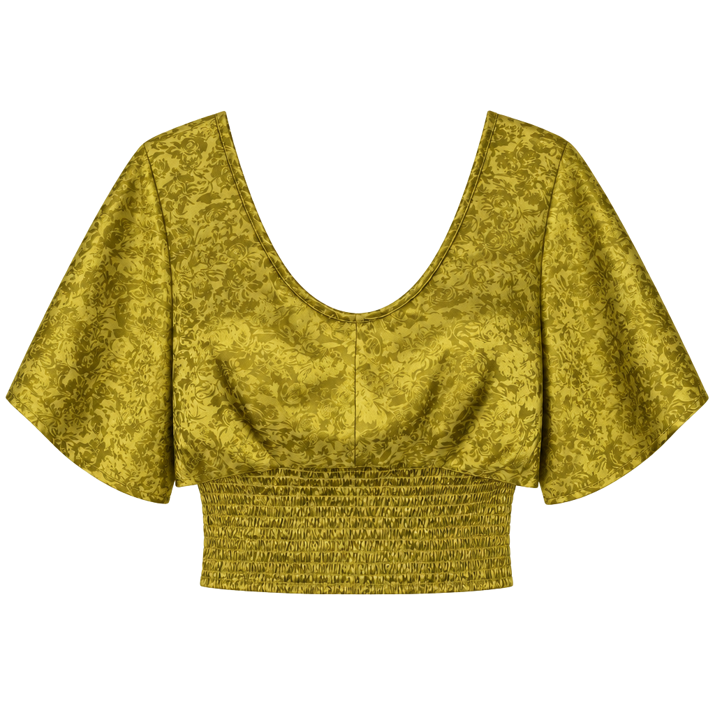 Wild Moss Crop Top Size XL Gold Floral Jacquard Short Sleeve V-Neck 1