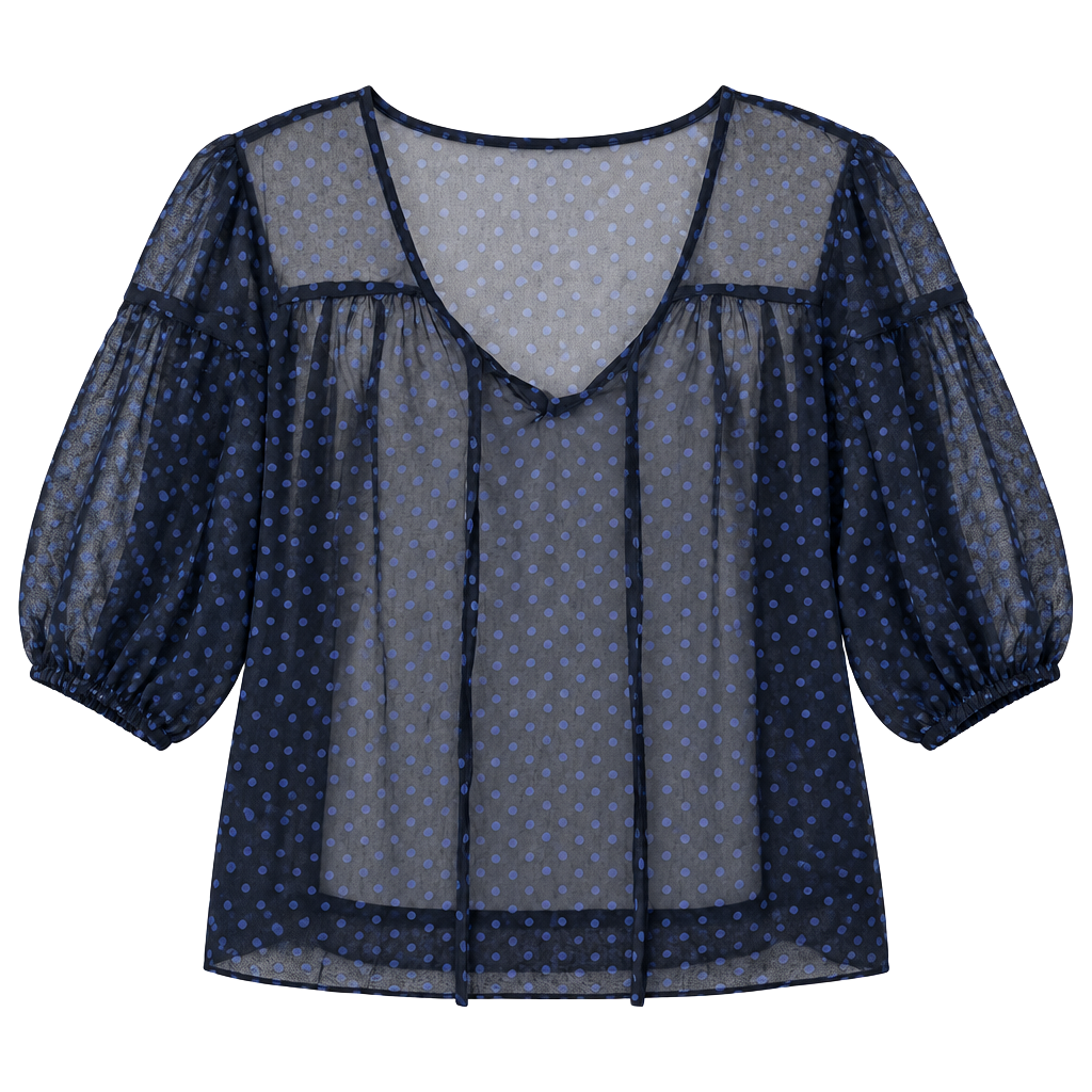 Ultra Flirt Blouse Size XL Black Blue Polka Dot Sheer V-Neck Long Sleeve 1
