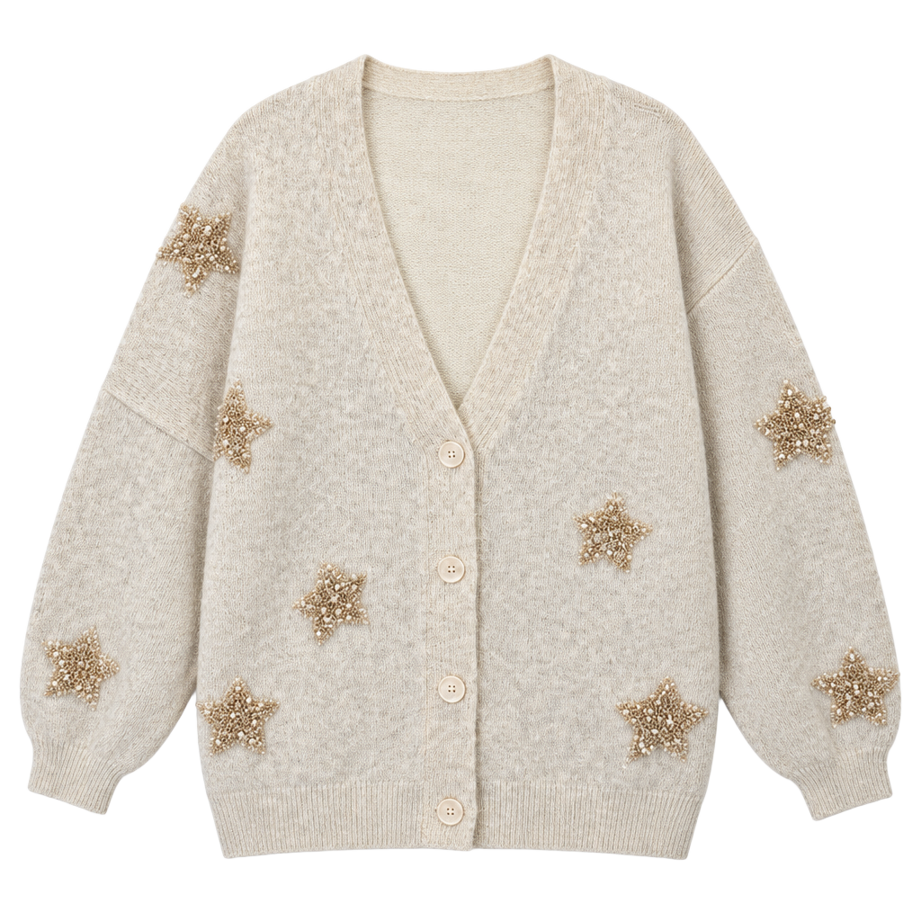 Maurices Gold Tinsel Star Soft Cozy Cream Buttoned Cardigan ..., 1