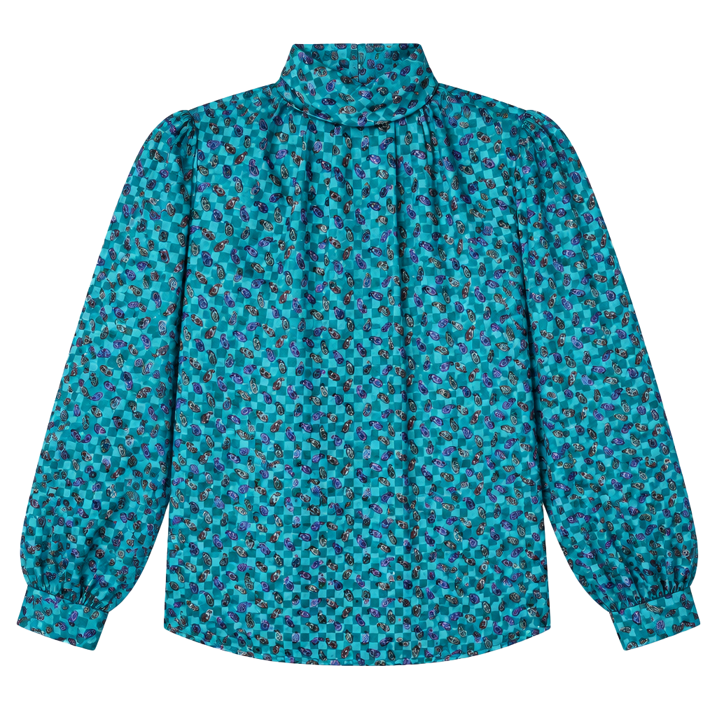 Natali Blouse Size 6 Teal Checkered Paisley Mock Neck Vintage 1