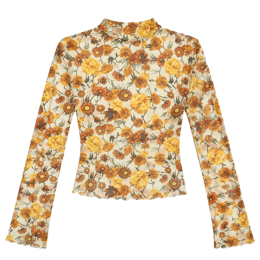 Little Daisy Floral Bell Sleeve Mesh Crop Top Yellow Orange 1
