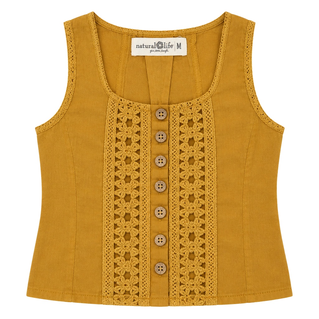 Natural Life Blouse Size M Yellow Crochet Trim Bell Sleeve 1