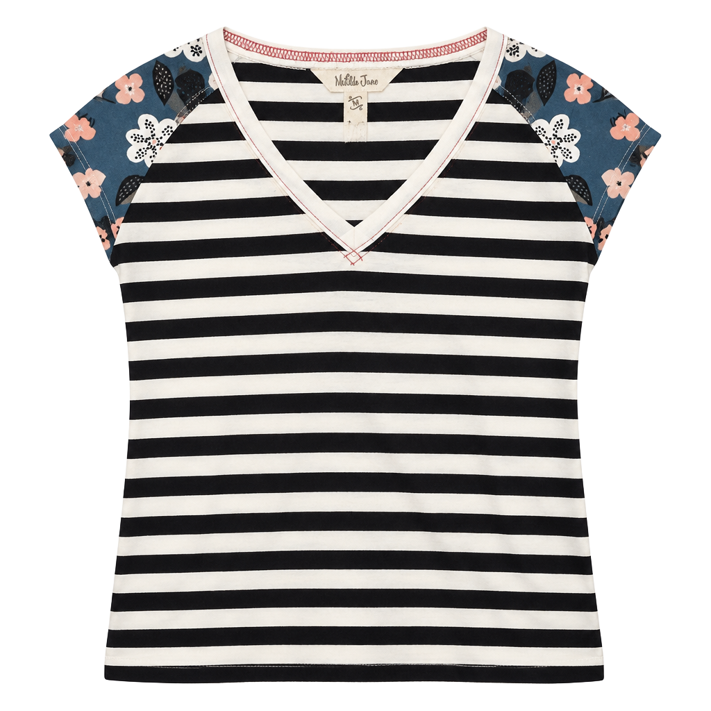 Matilda Jane T-Shirt Size M Black White Striped Floral Raglan 1