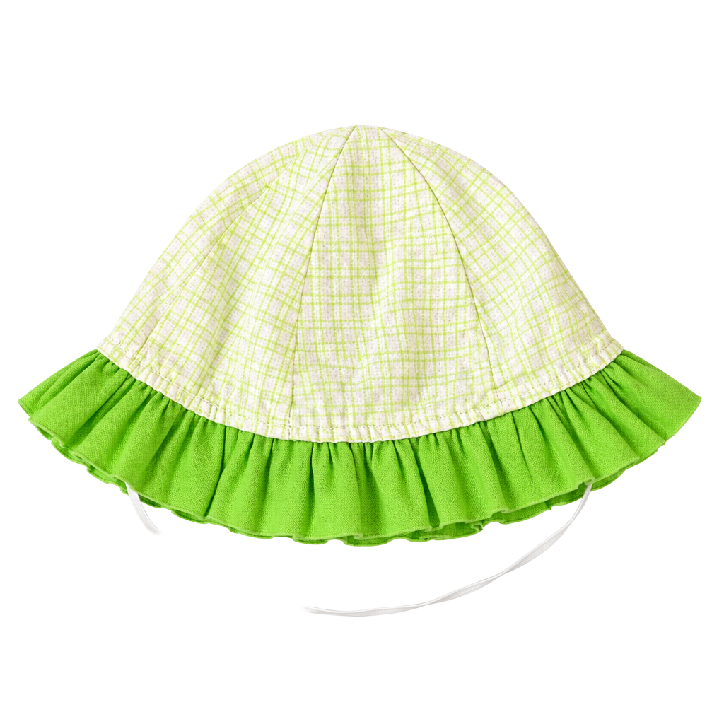 Vintage Baby Girl Green Gingham Ruffle Bonnet Sun Hat with Elastic Strap 1