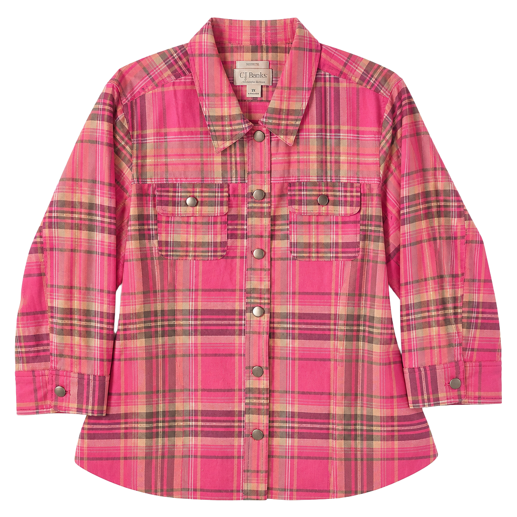 CJ Banks Women’s Plaid Button Front Shirt Jacket 1X Pink Stretch Long Sleeve Poc 1