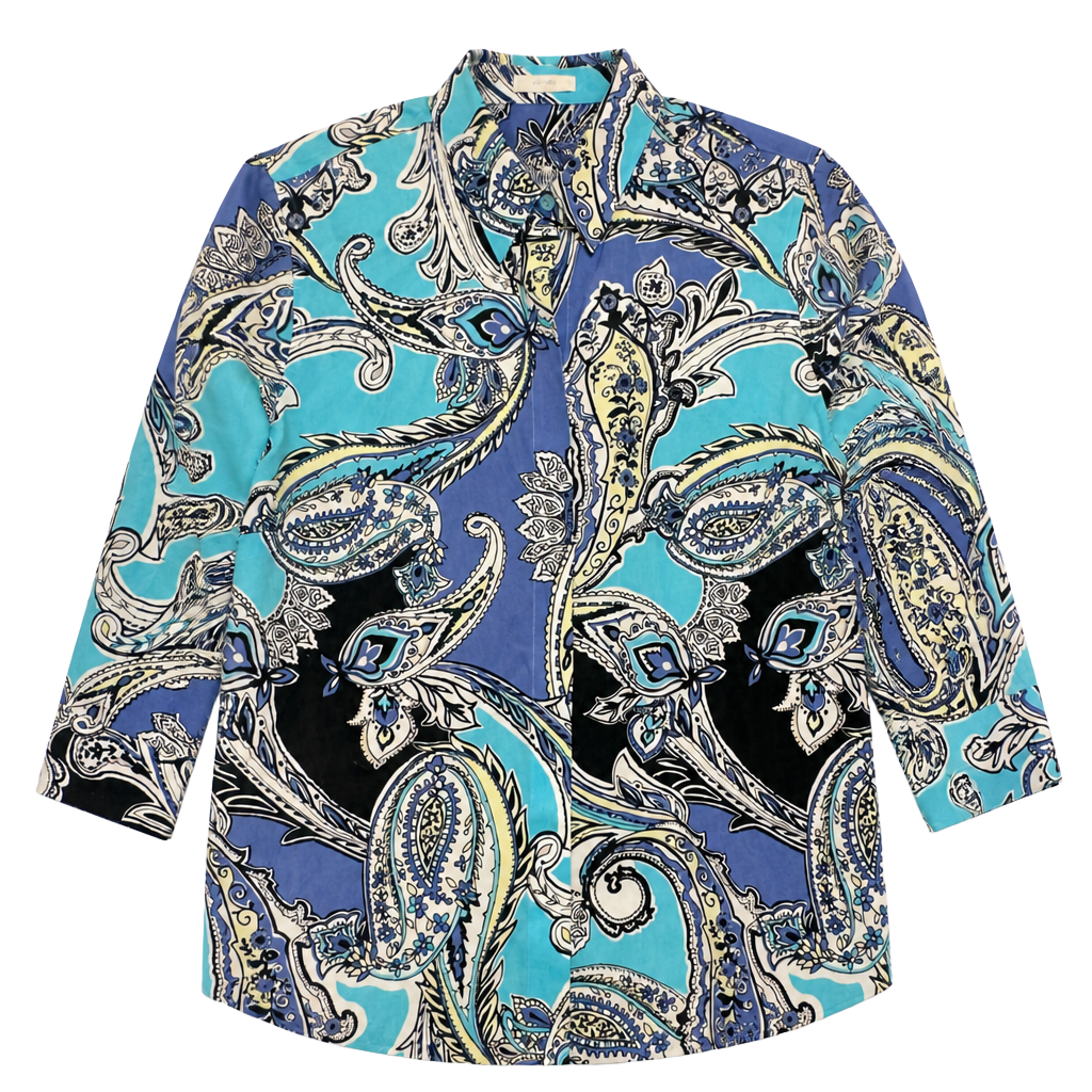 Chico’s Cotton Blue Paisley Tunic Small Coastal Resort Boho Blue Black No Iron Size 0 1