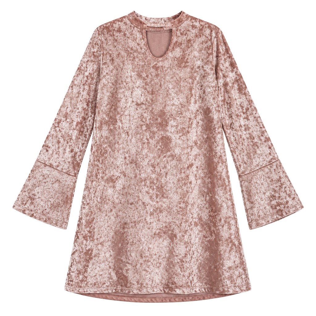 Btween Crushed Velvet Dress Youth Size 10 Pink Keyhole Bell Sleeve Babydoll 1