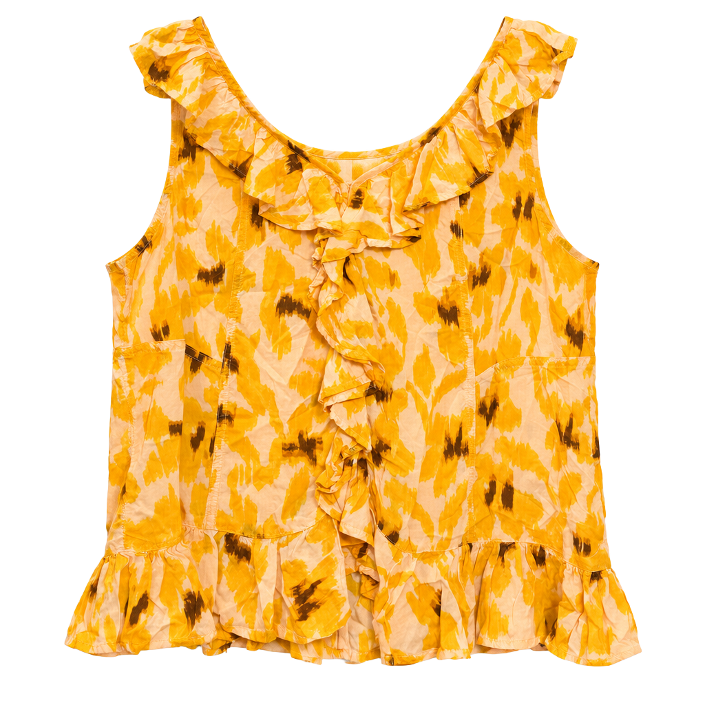 Sam Edelman Floral Ruffle Blouse Large Orange Yellow Modal Boho Sleeveless Top 1