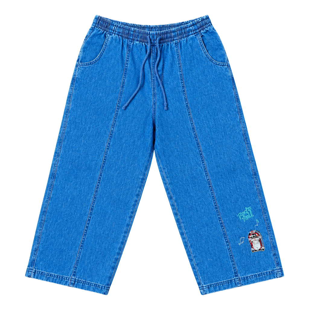 Vintage 90s Rock & Roll Jukebox Denim Pants Large Embroidered Elastic Waist USA 1