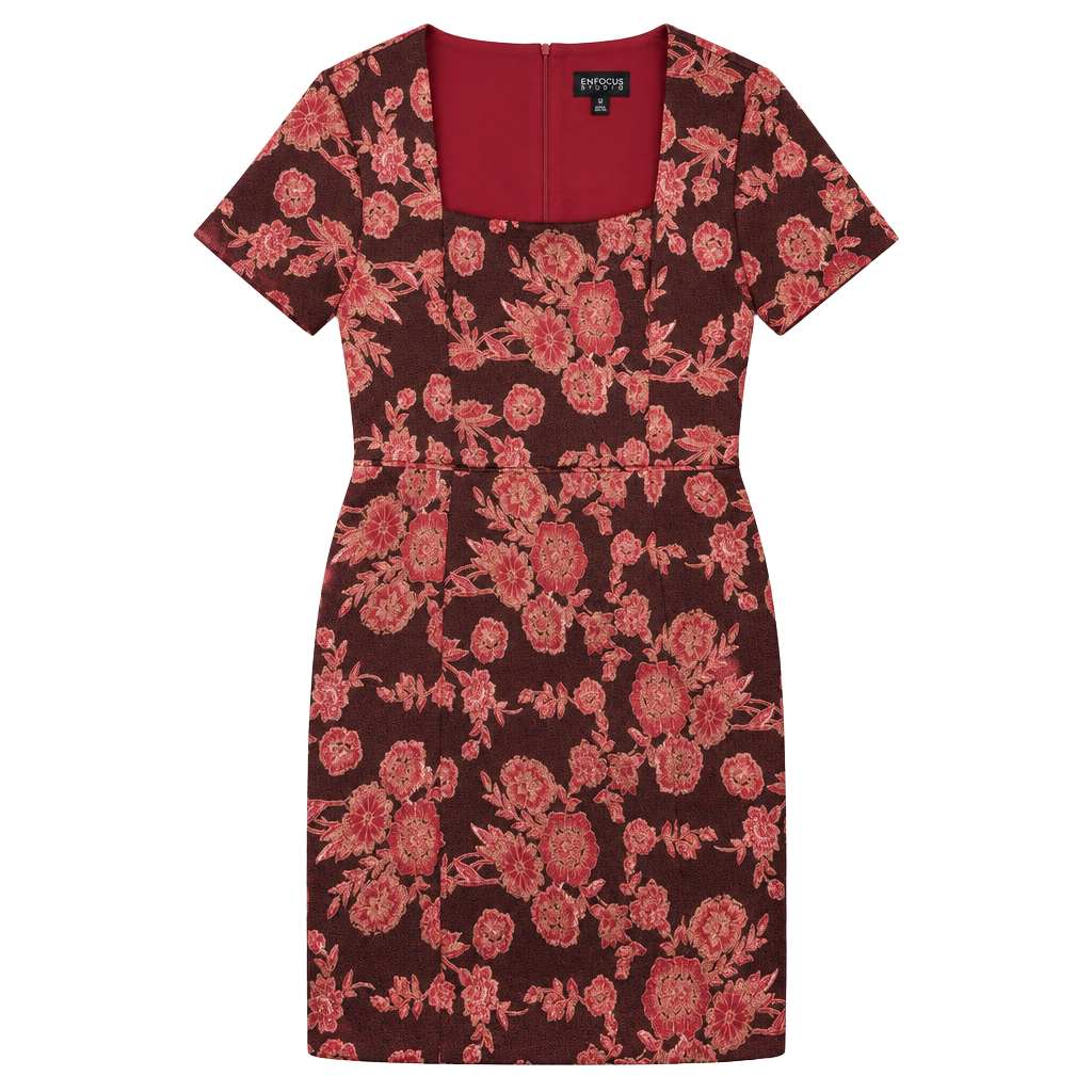 En Focus Studio Floral Brocade Dress Size 12 Black Red Gold Short Sleeve 1