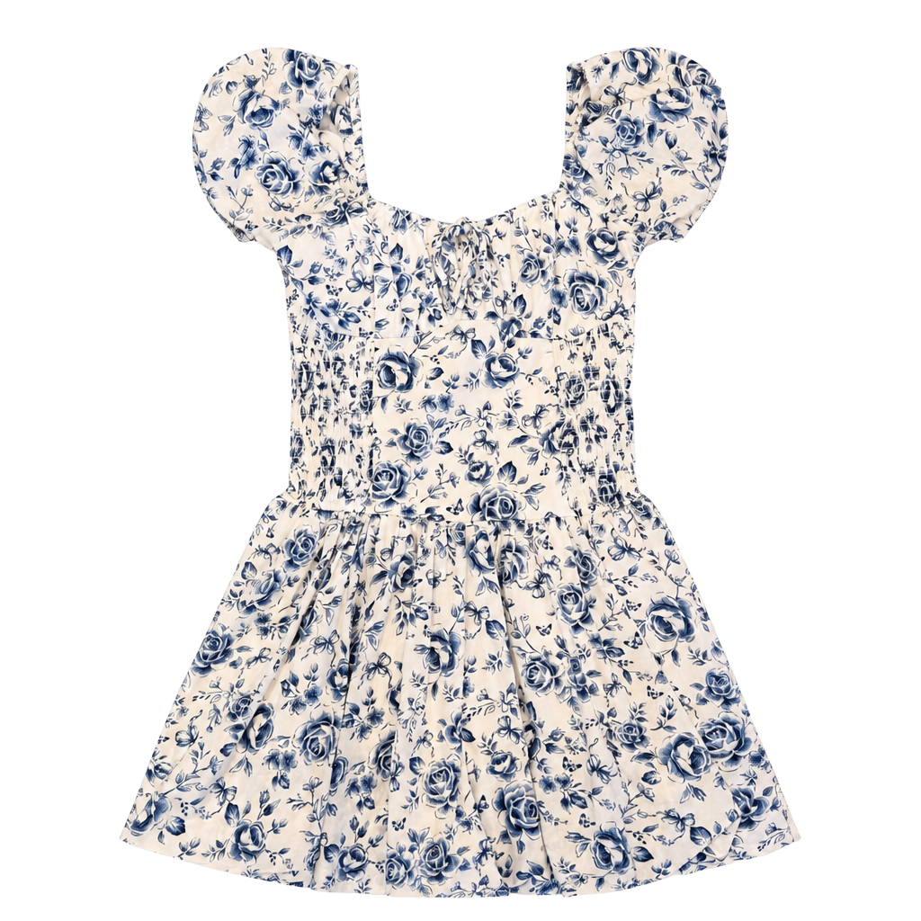 Hollister Blue and White Floral Shirred Bust Drop Waist Bubble Skort Dress 1