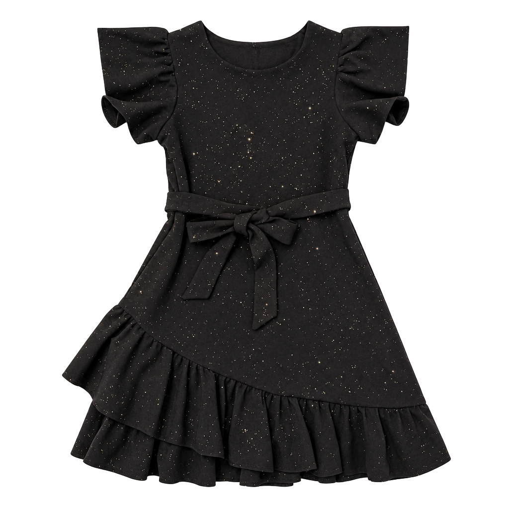 Rare Editions Black Glitter Shimmer Party Dress with Flutter Sleeves and Ruffle Hem Size 12 1