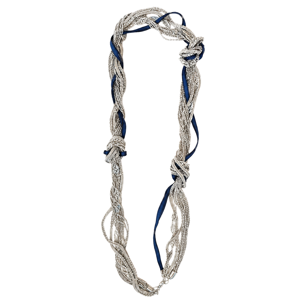 Silver Tone Multi-Strand Knot Necklace with Navy Ribbon Accent 1