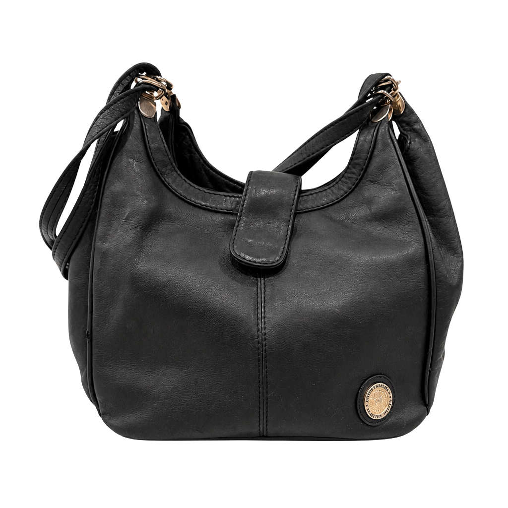 Vintage Pierre Balmain Black Genuine Leather Shoulder Hobo Bag with Medallion 1