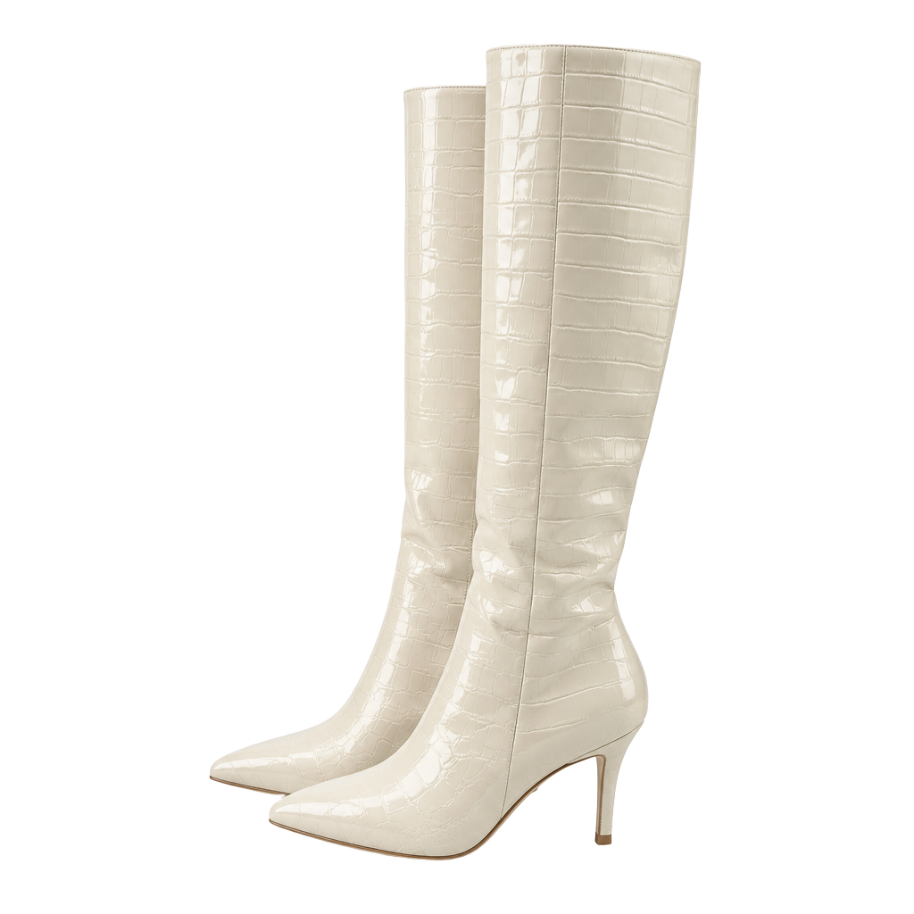 White Croc Embossed Knee High Stiletto Boots new 1