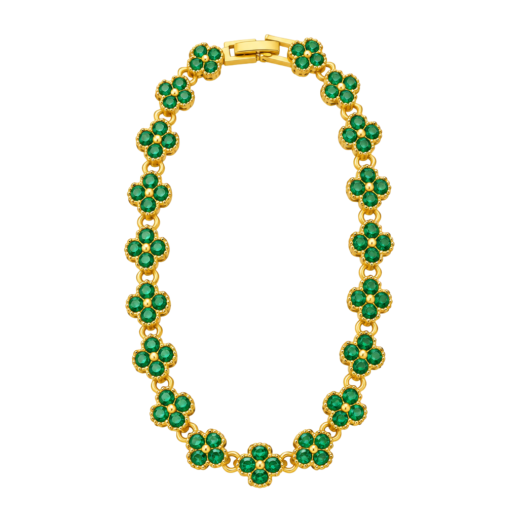 Gold tone tennis bracelet with four leaf clover shaped links. 1