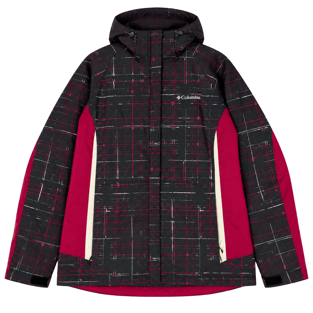 Columbia Interchange Jacket Size L Black Red Plaid Hooded Windbreaker 1