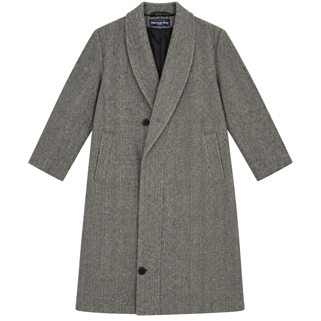 Herman Kay Petite Herringbone Wool Coat Black White 1