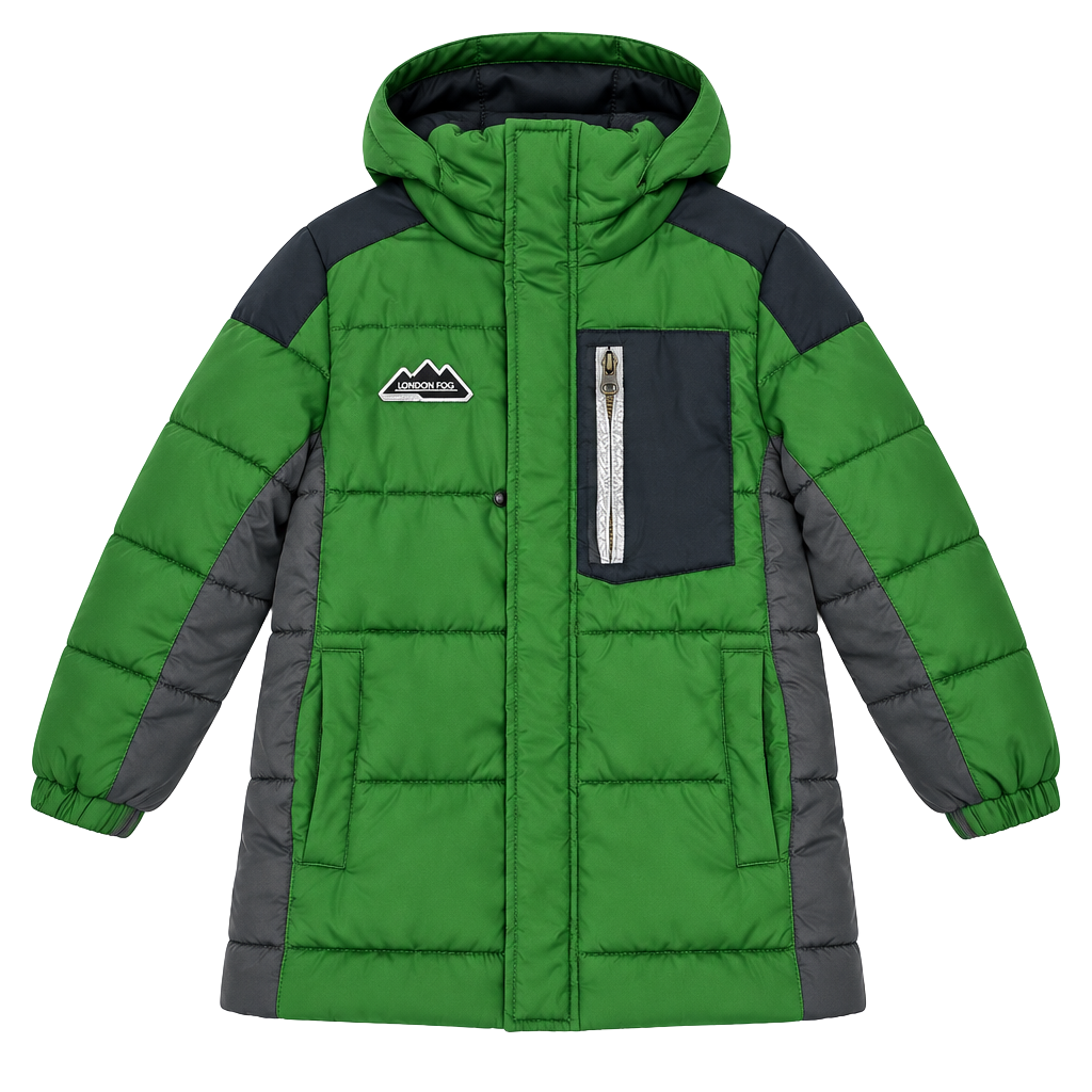 London Fog Winter Puffer Jacket Size L/7 Green Gray Hooded Coat 1