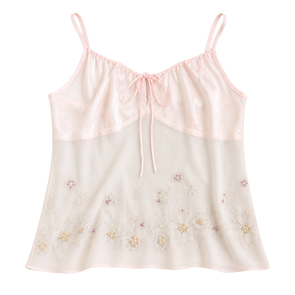 Madison Studio Pink Sheer Floral Beaded Camisole Size S 1