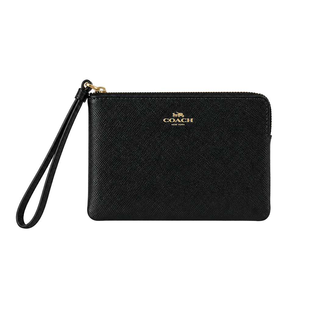Coach Corner Zip Wristlet in Black Crossgrain Leather 1