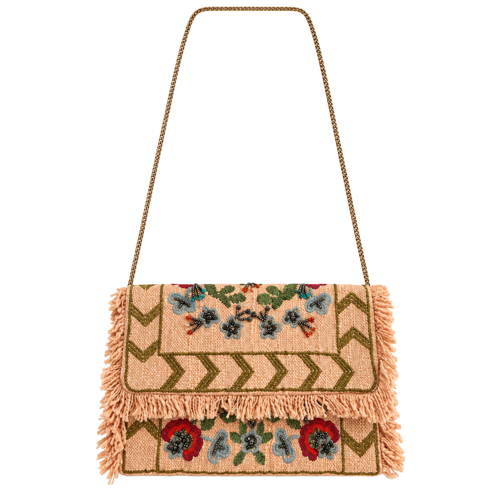 Handmade Floral Embroidered Fringe Clutch Crossbody Bag Made in India 1