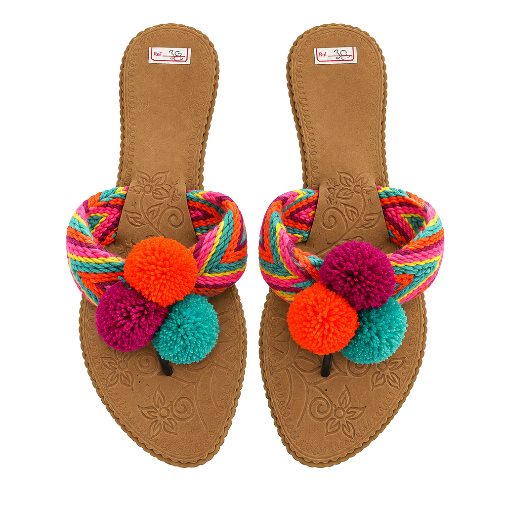 Katico Pom Pom Sandals Size 38 Colorful Braided Flat Thong 1