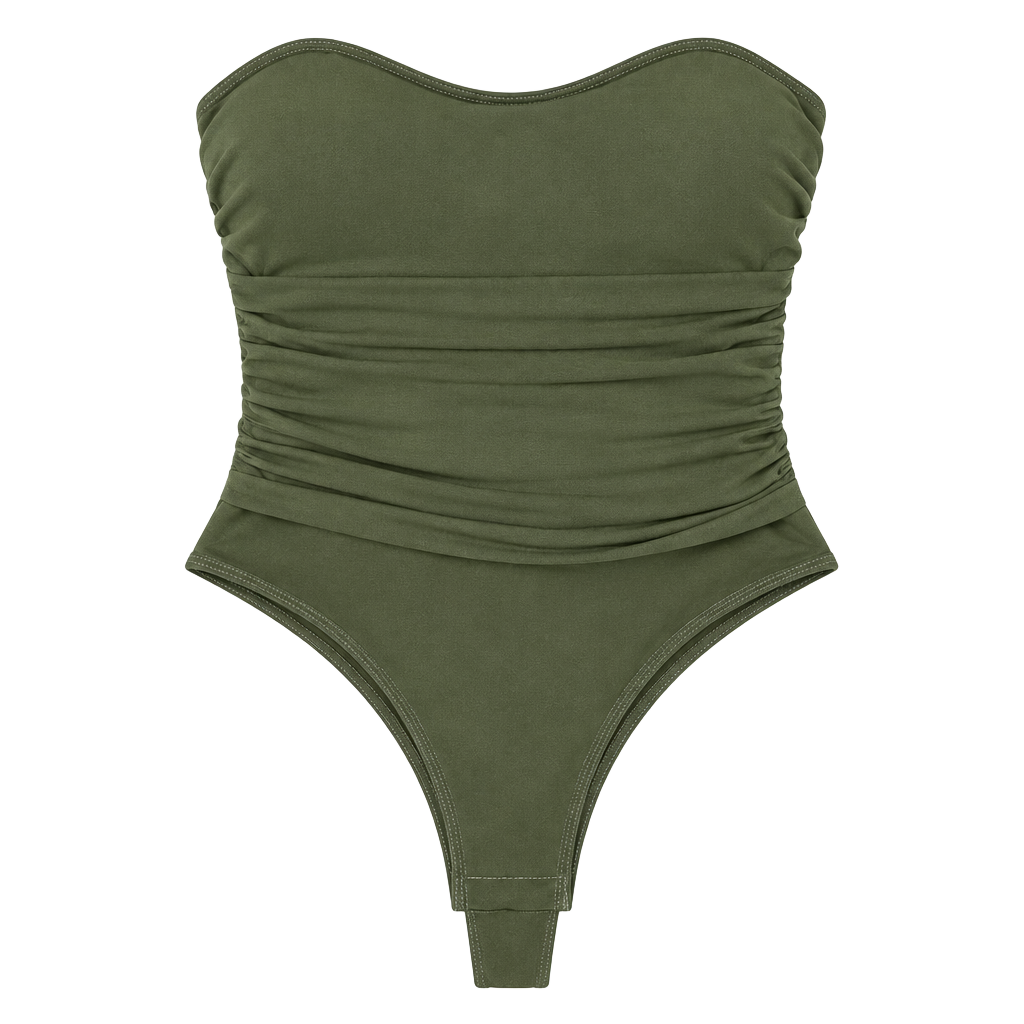 Fashion Nova Olive Green Ruched Strapless Bodysuit 1