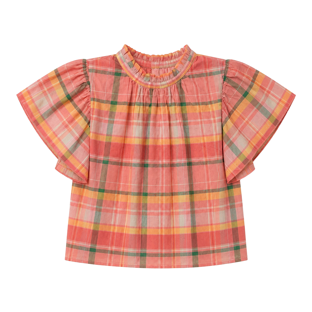 Trovata Carla High Neck Shirt Extra Small Pink Plaid Flutter Sleeve 1