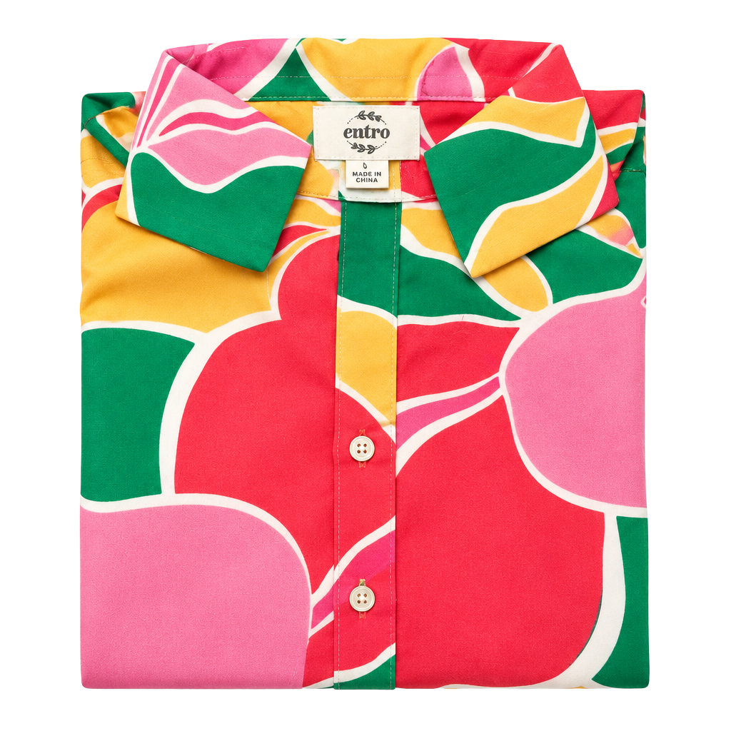 Entro Button Up Blouse Size L Multicolor Abstract Floral Satin Shirt 1