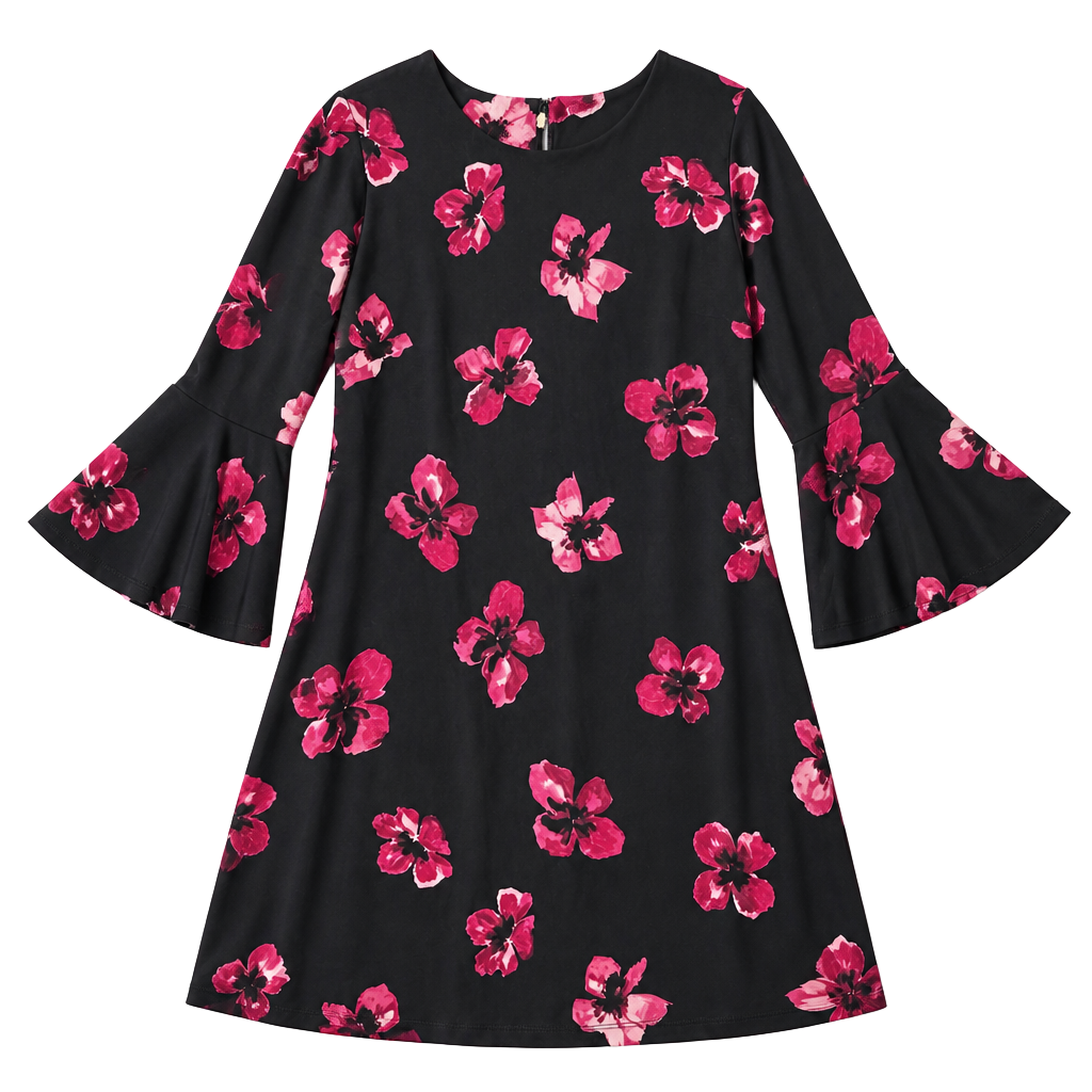 Tommy Hilfiger Floral Bell Sleeve Dress Size 10 Black Pink Jersey NWT 1