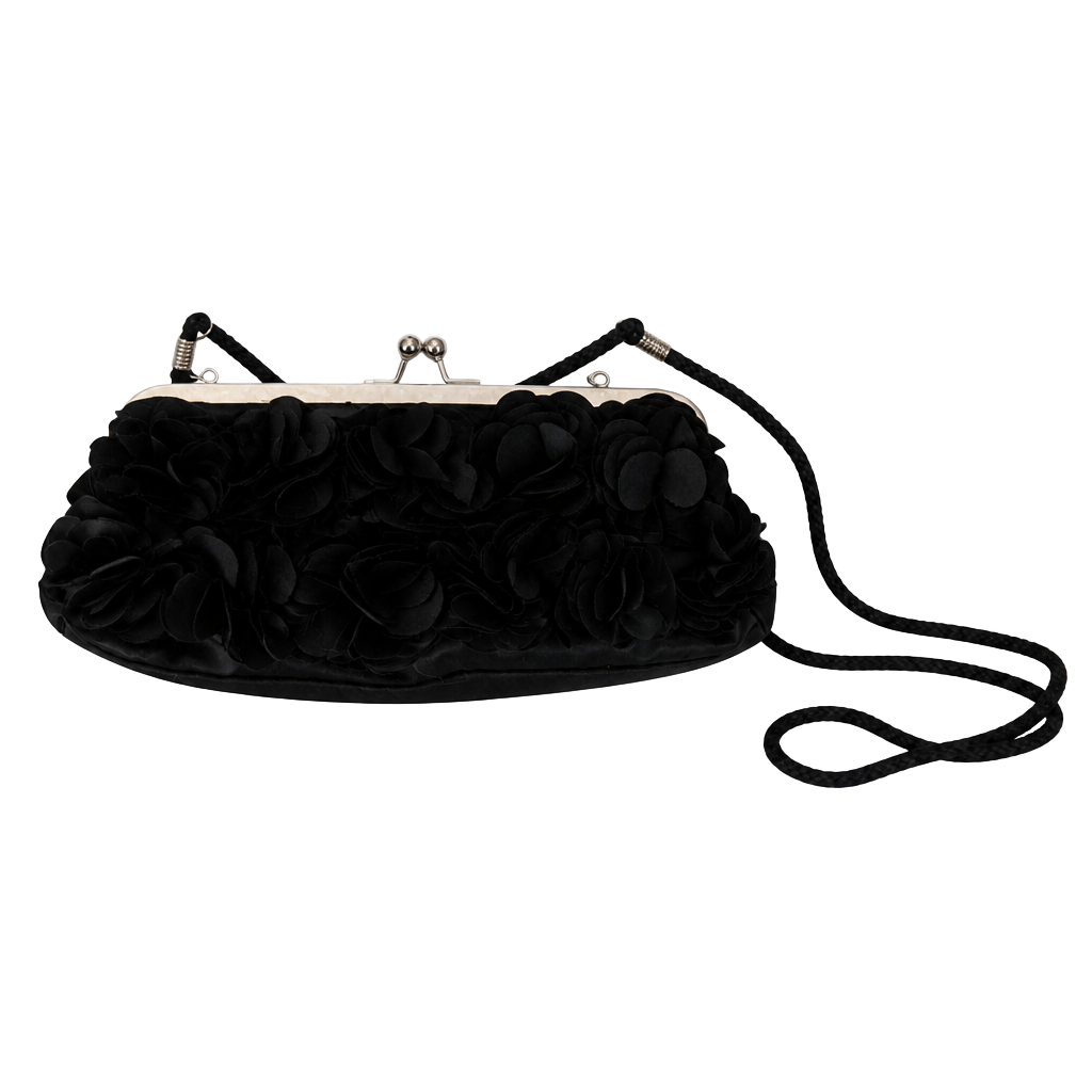 Jacqueline Ferrar Black Satin Evening Clutch with 3D Floral Petal Applique and Metal Clasp 1