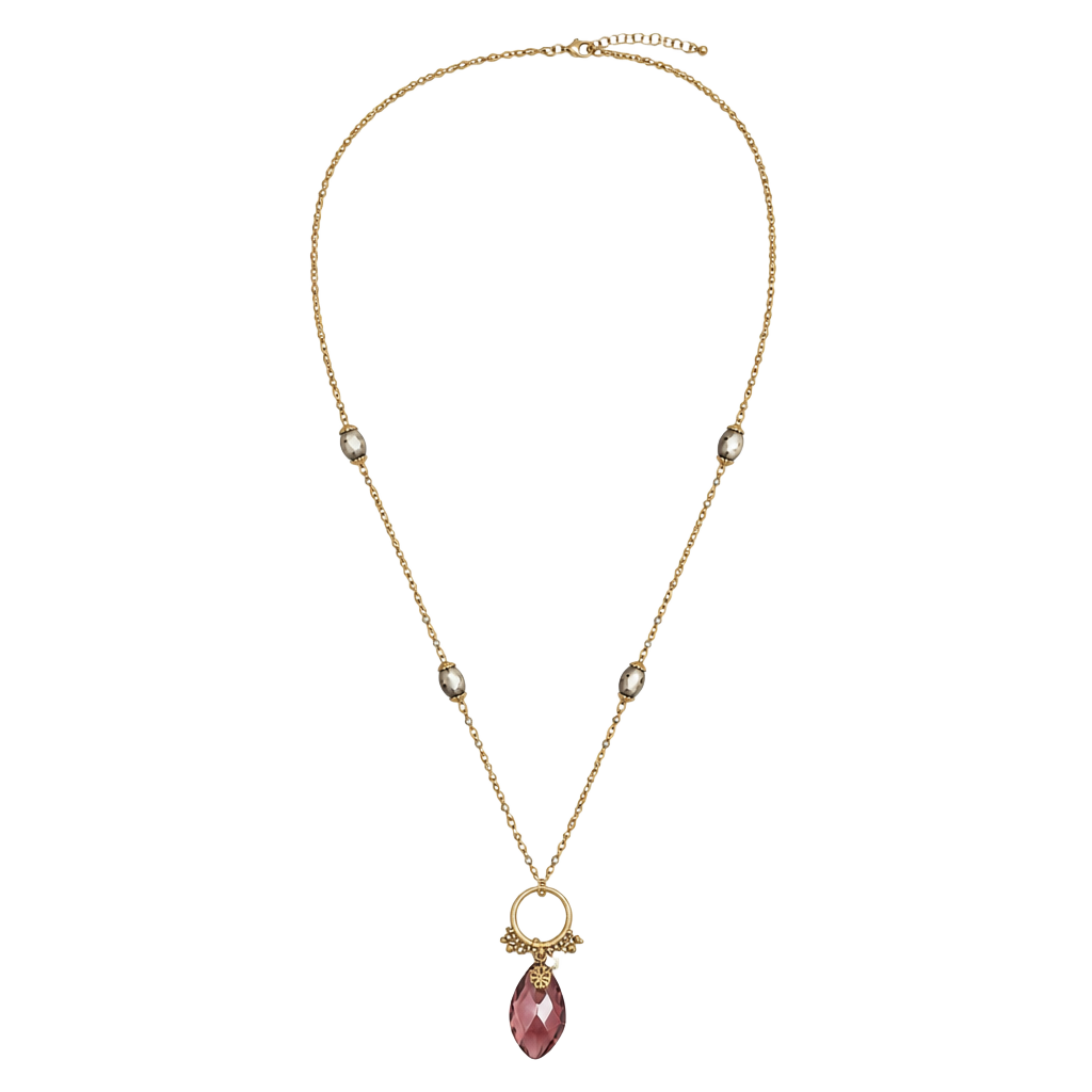 Gold-Tone Beaded Statement Necklace with Faceted Purple Crystal Drop Pendant 1