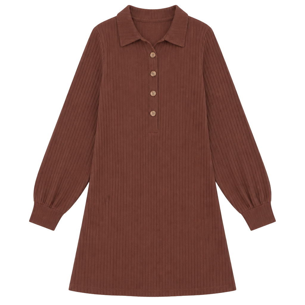 AlvaQ Womens Long Sleeve Dress Loose Button Front Lapel Collared Ribbed-SIZE M 1
