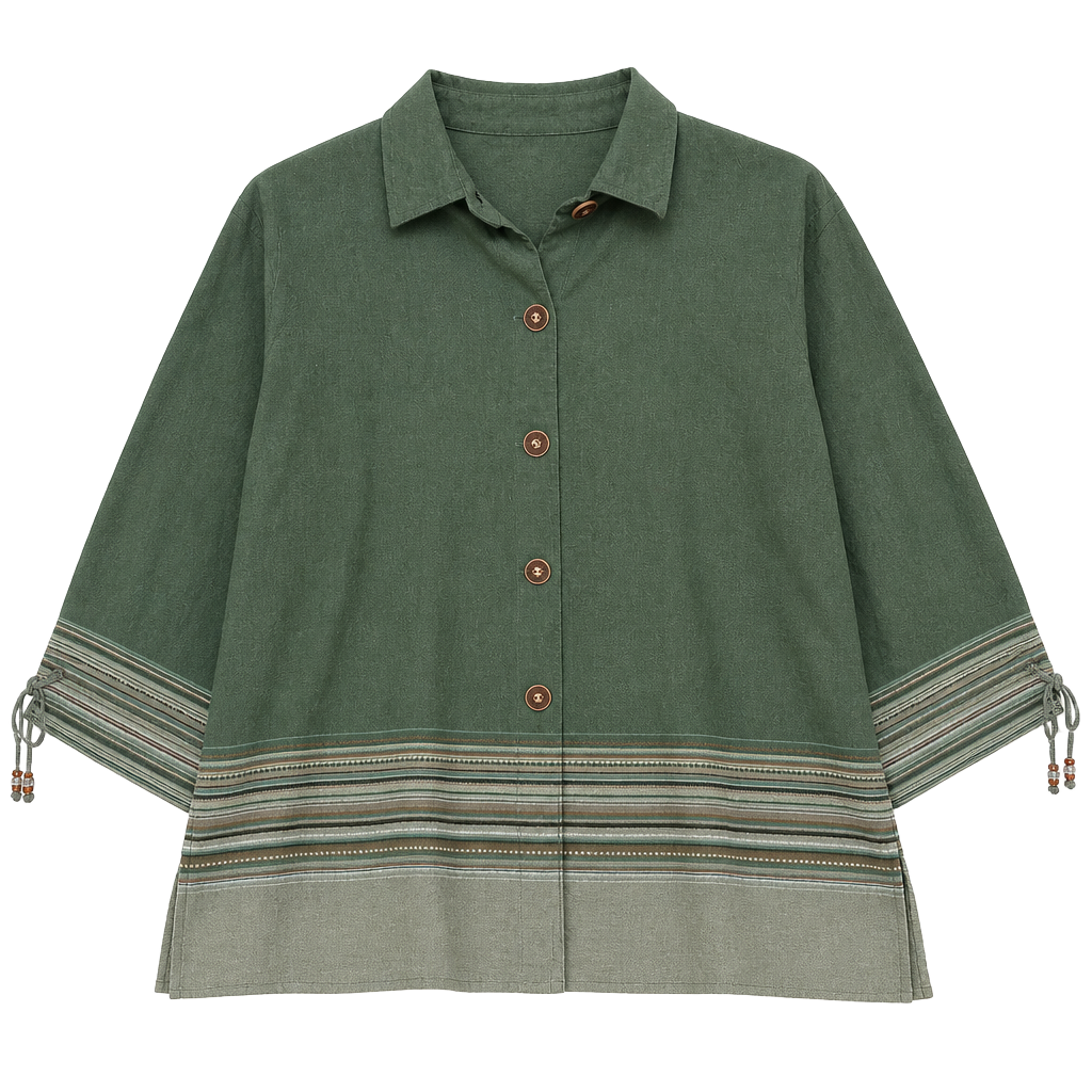 Ali Miles Women's Green Linen Blend Boho Button-Down Shirt Striped Hem Beaded Cuff Ties 1