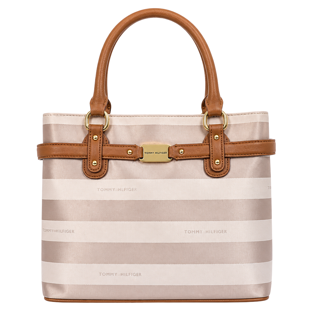 Tommy Hilfiger Beige and Brown Striped Fabric Tote Bag with Gold Tone Hardware 1