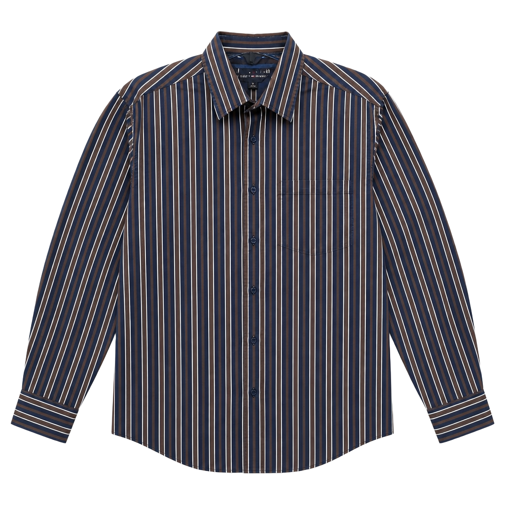 Tommy Hilfiger Men’s Medium Classic Fit Striped Button Front Dress Shirt Navy Brown White 1