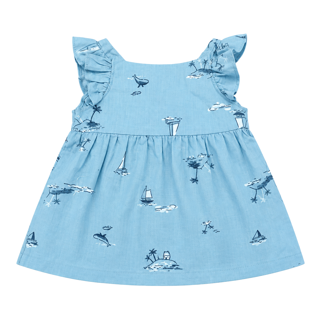 Carter's Ocean Print Dress Size 12m Blue Ruffle Sleeves 1