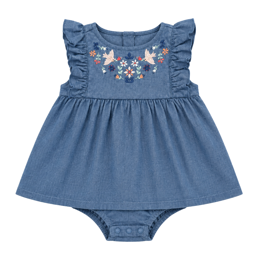 Wanderling Girl Sunsuit Size 18M Blue Floral Embroidered Ruffle 1
