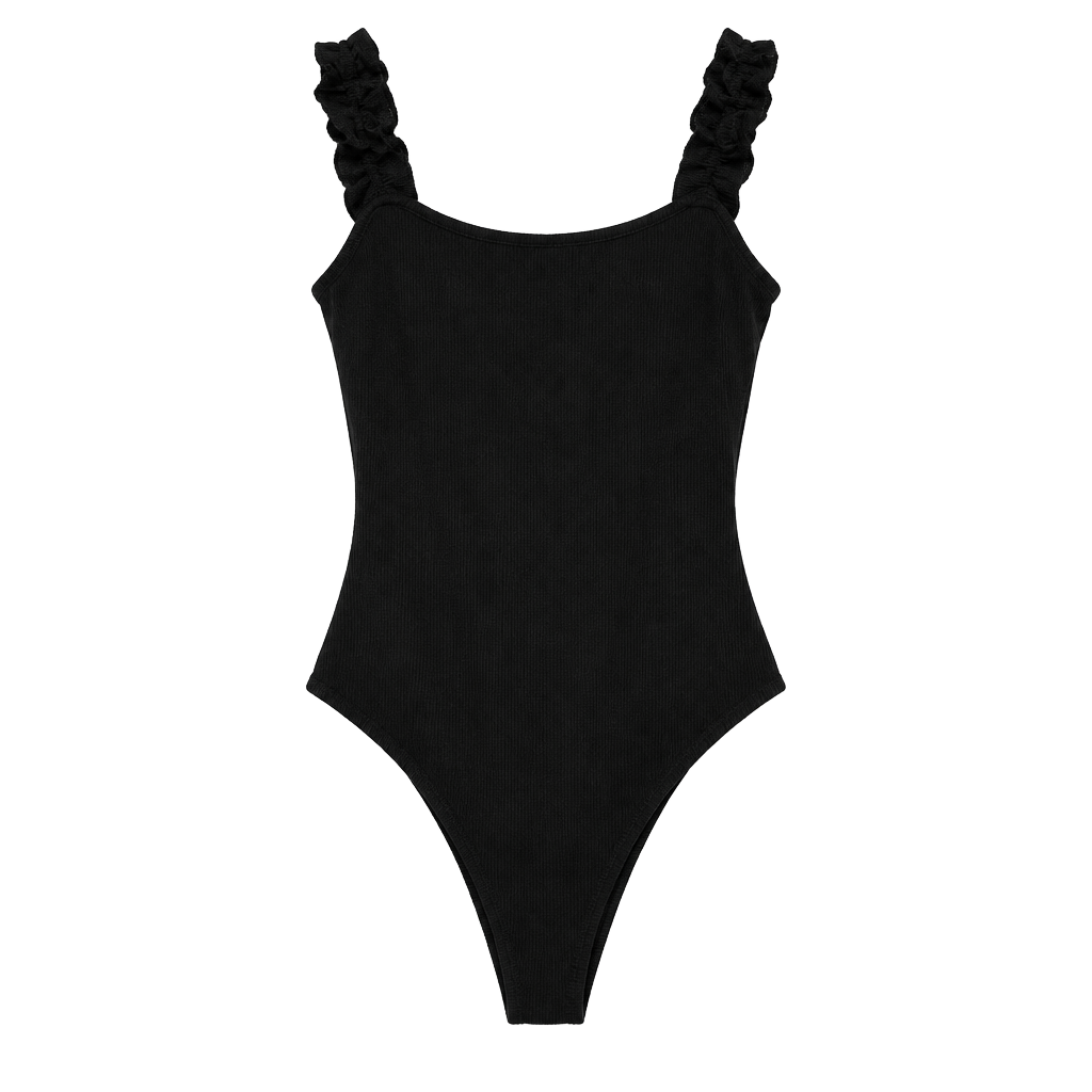 blue rain x francesca's Bodysuit Size L Black Ribbed Ruffle Strap 1