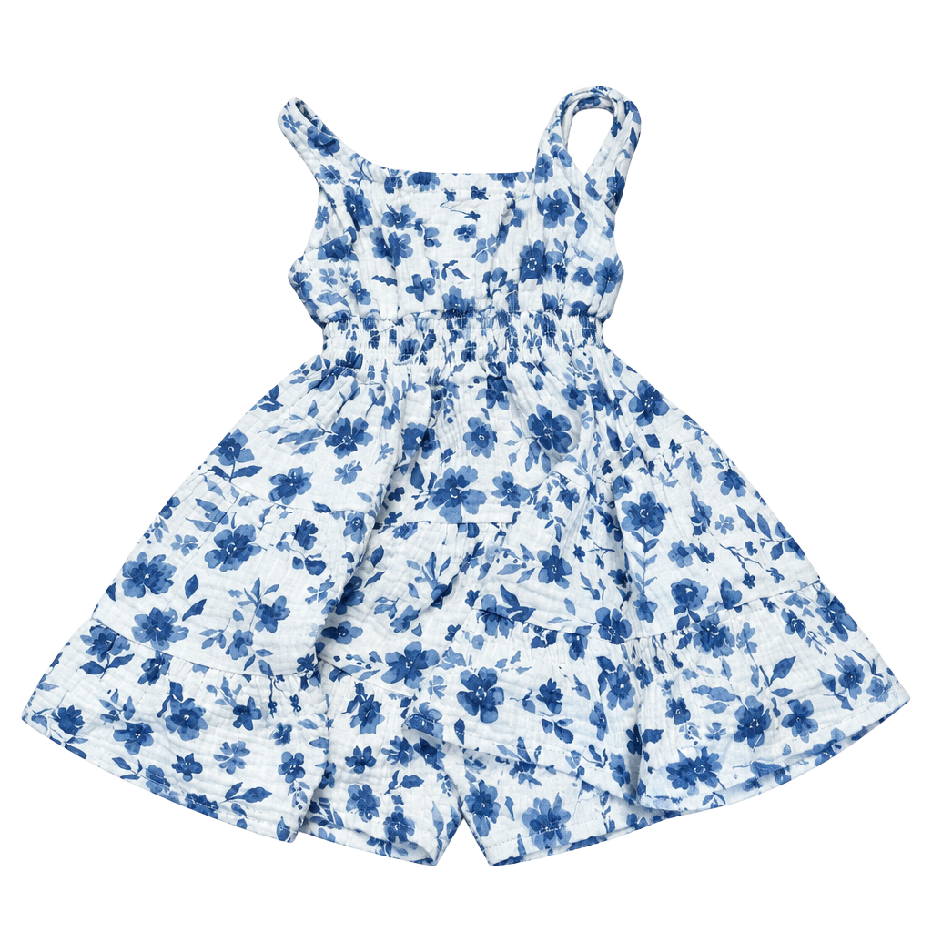 Bearpaw Floral Dress Size 18M Blue White Tiered Gauze 1